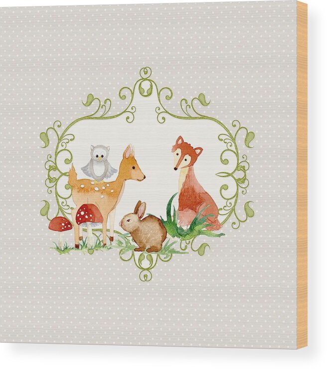 Grey Wood Print featuring the painting Woodland Fairytale - Grey Animals Deer Owl Fox Bunny n Mushrooms by Audrey Jeanne Roberts