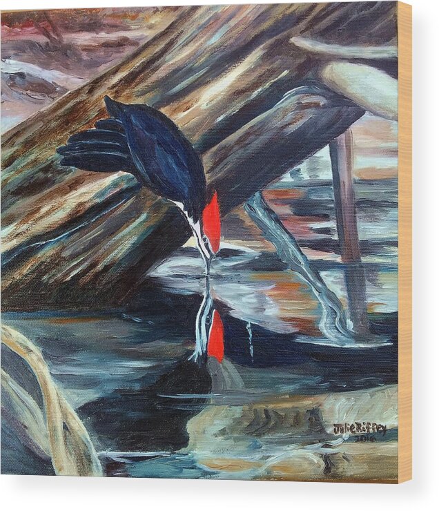 Bird Wood Print featuring the painting Woodpecker Sipping Water by Julie Brugh Riffey