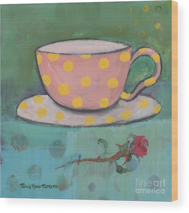 Cup Wood Print featuring the painting Yellow Polka Dotted Pink Cup by Robin Pedrero