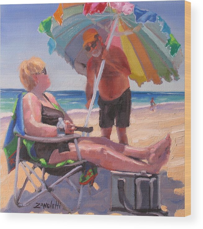 Beach Scene Wood Print featuring the painting Yes Dear by Laura Lee Zanghetti