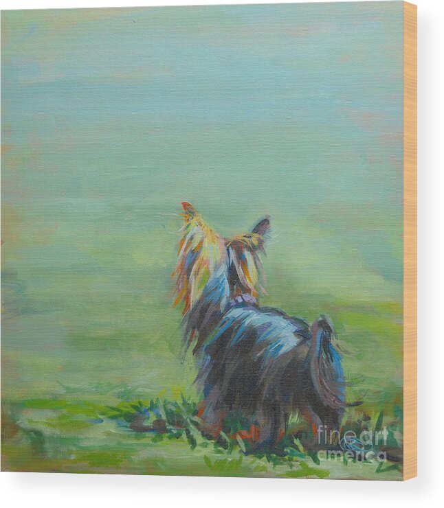 Yorkshire Terrier Wood Print featuring the painting Yorkie in the Grass by Kimberly Santini