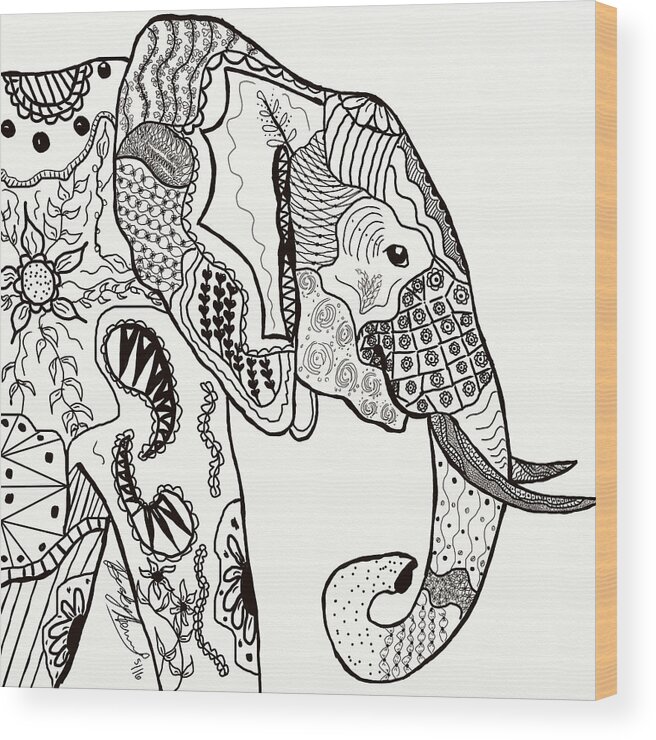 Zentangle Wood Print featuring the drawing Zentangle Elephant by Becky Herrera