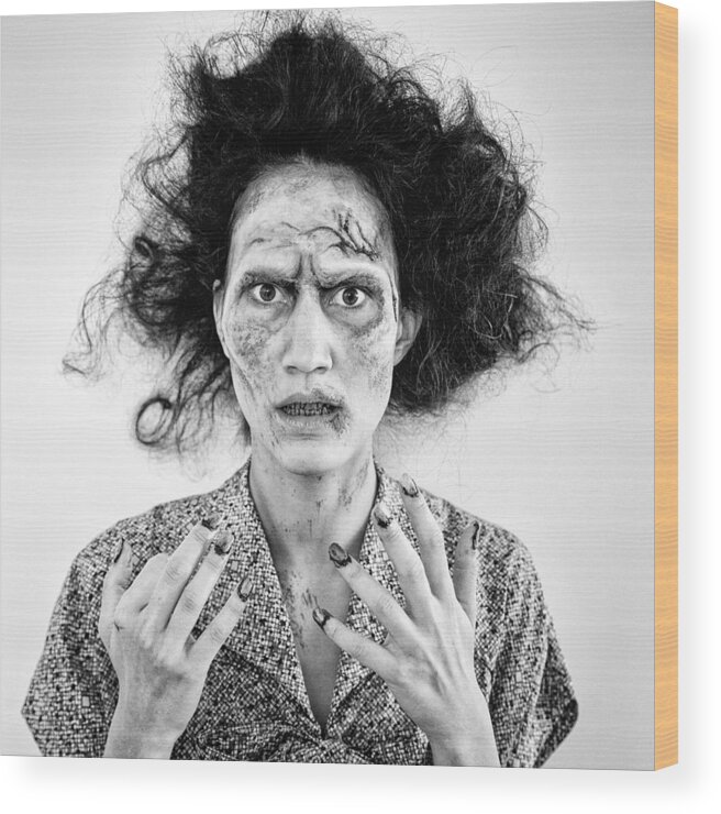Zombie Wood Print featuring the photograph Zombie woman portrait black and white by Matthias Hauser
