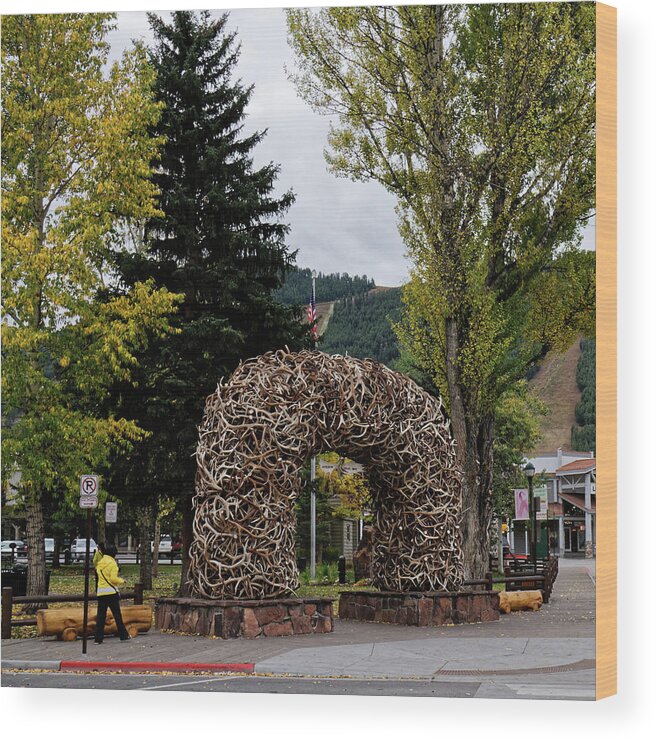 Antler Arch Square Wood Print featuring the photograph Antler Arch Jackson Hole by Shirley Mitchell