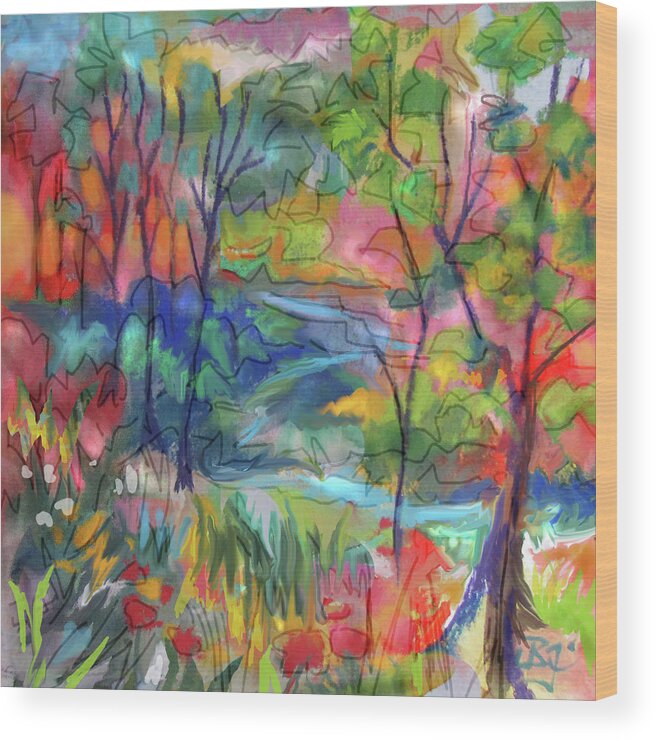 Colorful Landscape Wood Print featuring the painting Bright Country #2 by Jean Batzell Fitzgerald