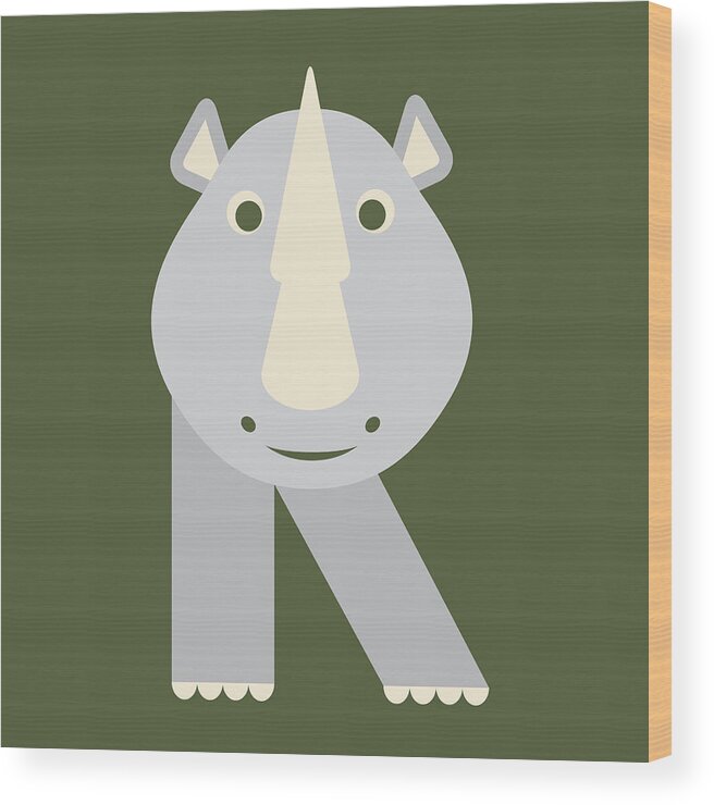 Animal Alphabet Wood Print featuring the digital art Letter R - Animal Alphabet - Rhino Monogram by Jen Montgomery