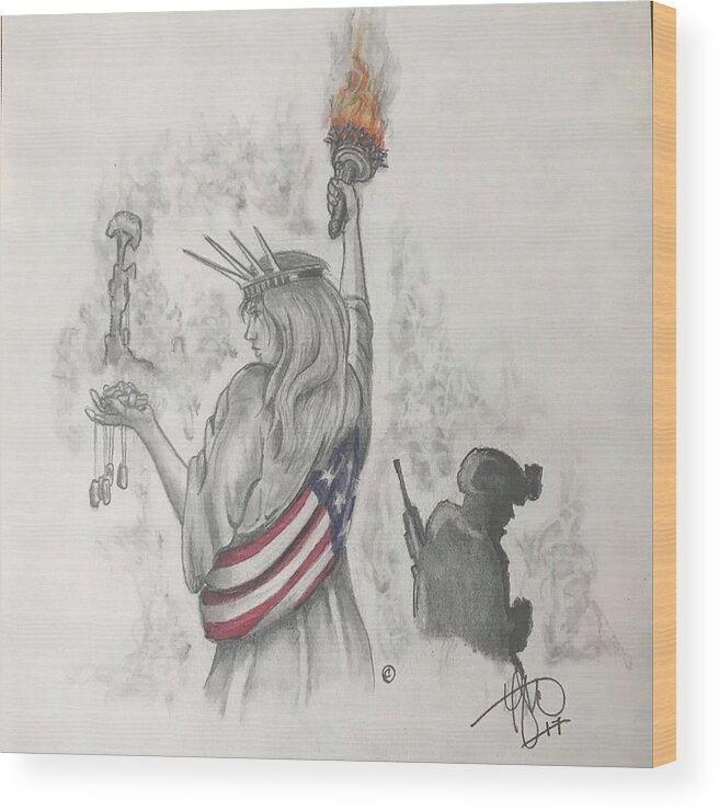  Libertty Wood Print featuring the drawing Liberty and Justice for All by Howard King