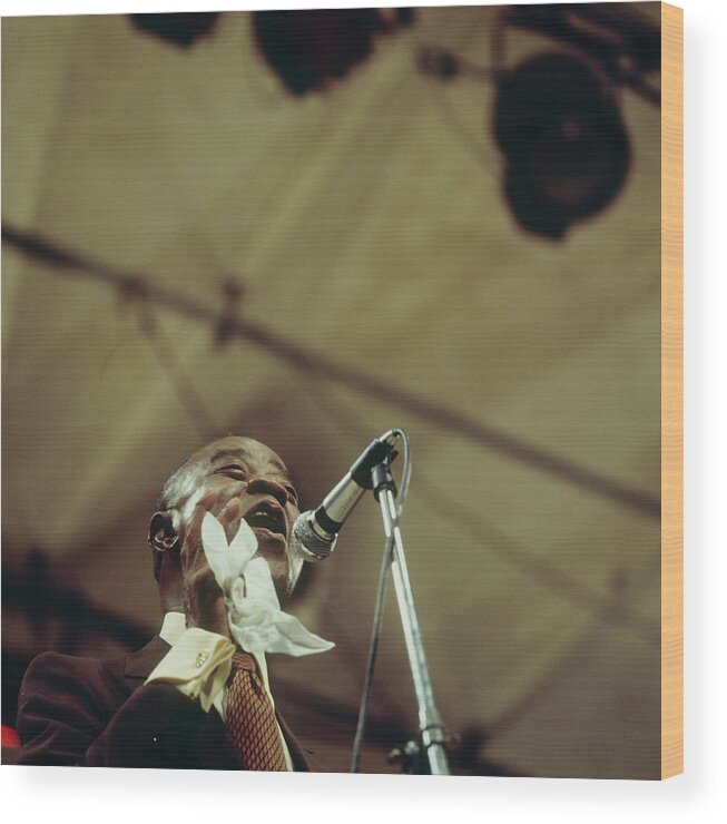 Singer Wood Print featuring the photograph Louis Armstrong On Stage At Newport #1 by David Redfern