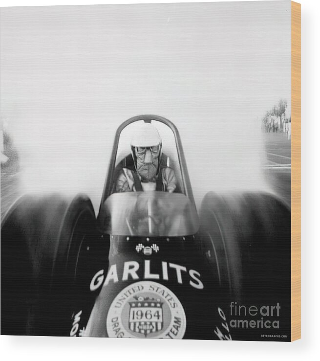 Vintage Wood Print featuring the photograph 1964 Close Up Of Don Garlits Dragster Burning Rubber by Retrographs