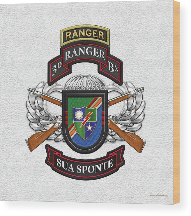  Military Insignia & Heraldry By Serge Averbukh Wood Print featuring the digital art 3rd Ranger Battalion- Army Rangers Special Edition over White Leather by Serge Averbukh