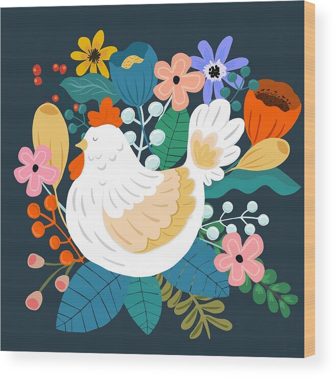 Painting Wood Print featuring the painting A Cheerful Chicken In A Sunny Garden by Little Bunny Sunshine