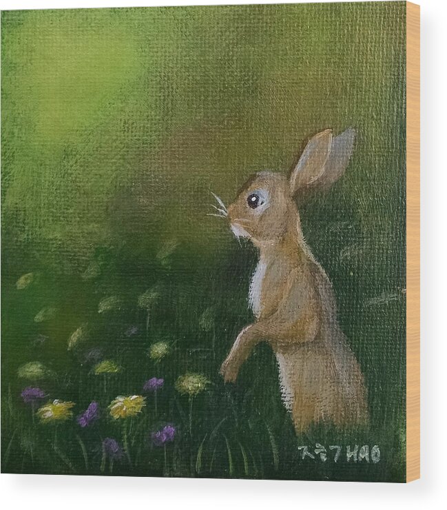 Rabbit Wood Print featuring the painting A Guest in the Backyard by Helian Cornwell