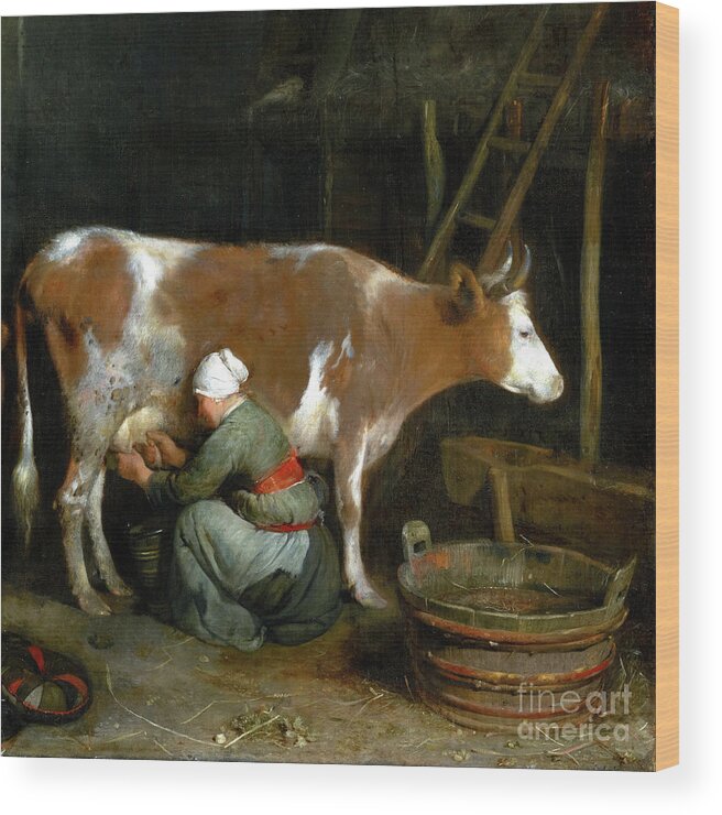 Gerard Ter Borch Wood Print featuring the painting A Maid Milking a Cow in a Barn by Audrey Jeanne Roberts