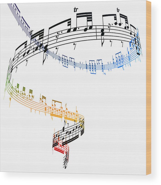 Sheet Music Wood Print featuring the digital art A Swirling Vortex Of Music Against A by Ian Mckinnell