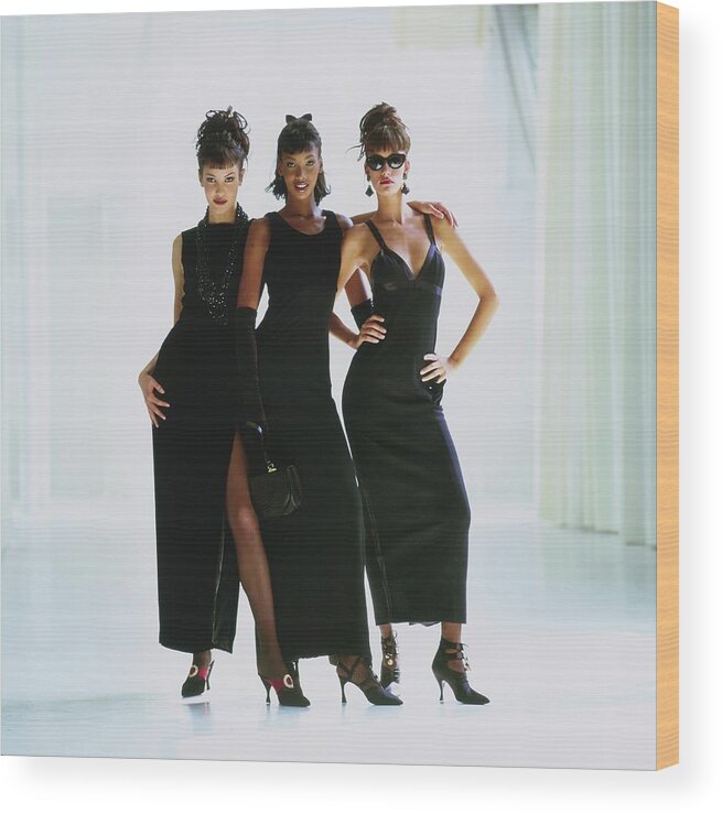 #new2022vogue Wood Print featuring the photograph A Trio Of Models In Black Dresses by Arthur Elgort