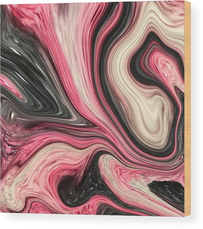 Abstract Wood Print featuring the painting Abstract Art - Colorful Fluid Painting Marble Pattern Pink White and Black by Patricia Piotrak