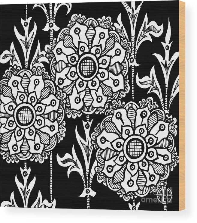 Boho Wood Print featuring the drawing Alien Bloom 1 Black and White by Amy E Fraser