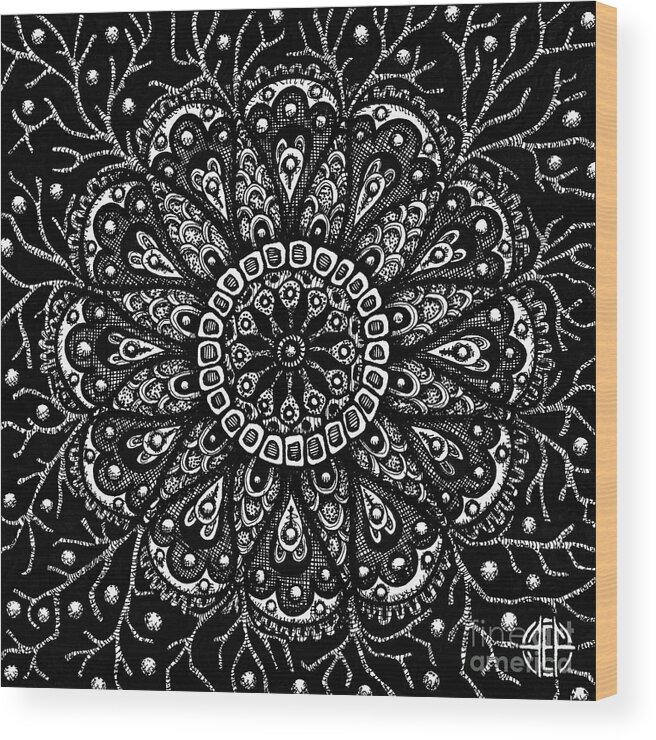 Boho Wood Print featuring the drawing Alien Bloom 10 Black and White by Amy E Fraser