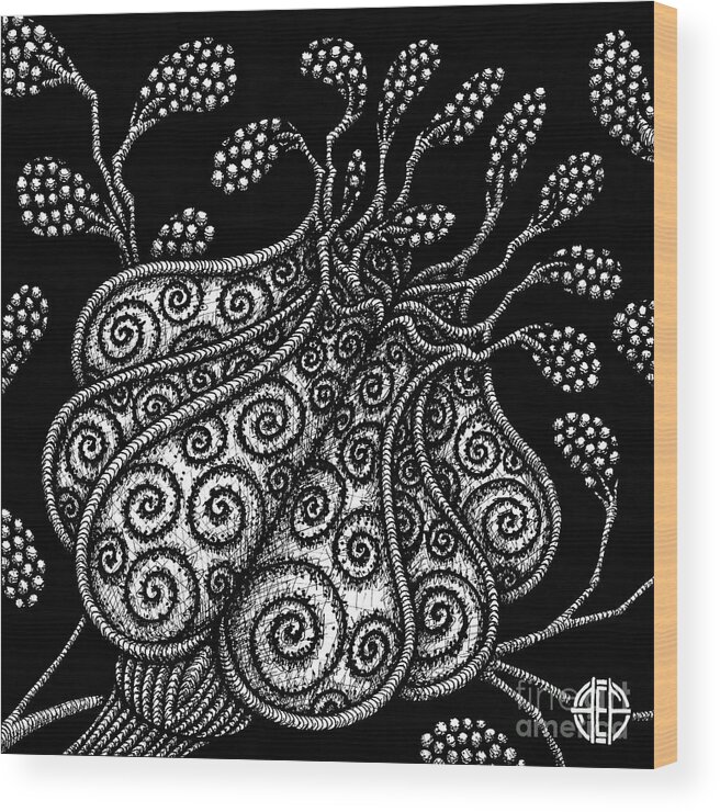 Boho Wood Print featuring the drawing Alien Bloom 25 Black and White by Amy E Fraser