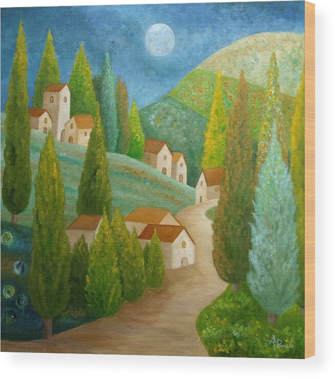 Cypress Art Wood Print featuring the painting All Is Calm All Is Bright by Angeles M Pomata