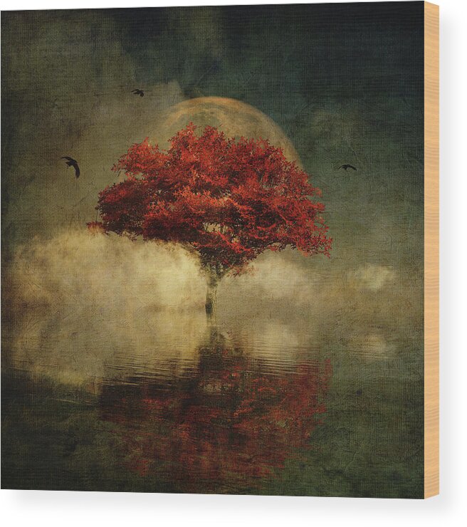 Autumn Wood Print featuring the digital art American Oak with full moon by Jan Keteleer