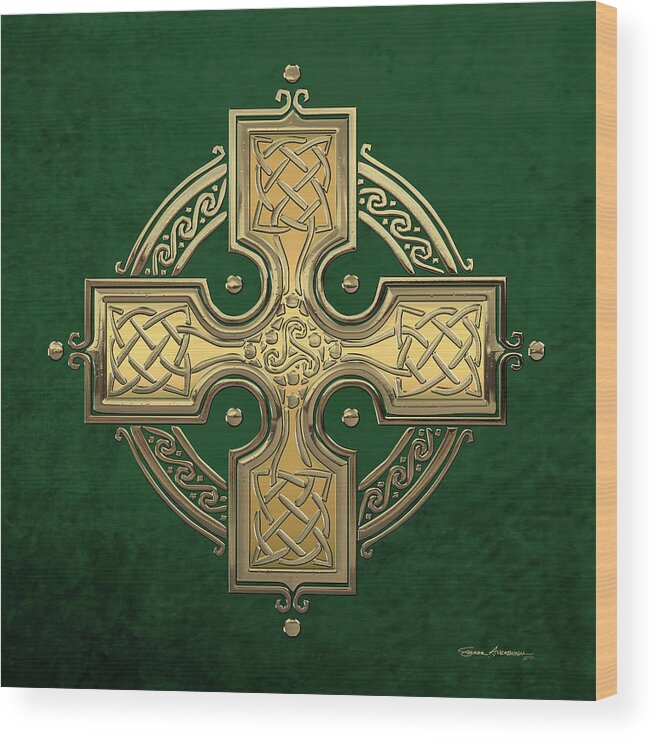 ‘celtic Treasures’ Collection By Serge Averbukh Wood Print featuring the digital art Ancient Gold Celtic Knot Cross over Green Velvet by Serge Averbukh