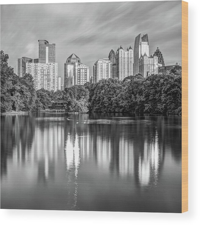 America Wood Print featuring the photograph Atlanta Skyline On Lake Clara Meer - Piedmont Park View Monochrome 1x1 by Gregory Ballos