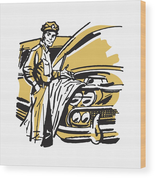 Attendant Wood Print featuring the drawing Auto Mechanic Showing Work Under Hood by CSA Images