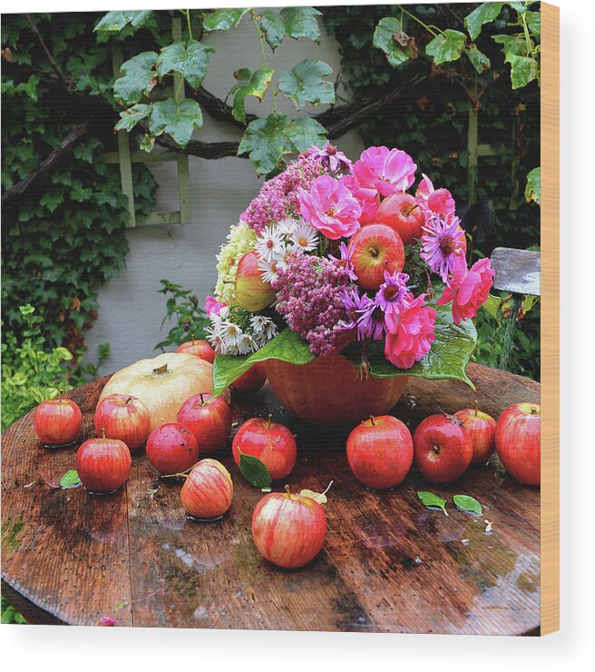 Ip_12977494 Wood Print featuring the photograph Autumn Bouquet With Apples And Rose Petals by Christin By Hof 9
