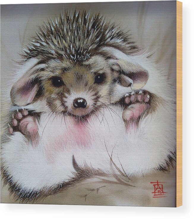 Russian Artists New Wave Wood Print featuring the painting Awakened Baby Hedgehog by Alina Oseeva