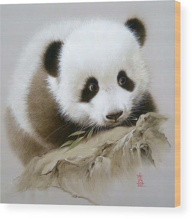 Russian Artists New Wave Wood Print featuring the painting Baby Panda with Bamboo Leaves by Alina Oseeva