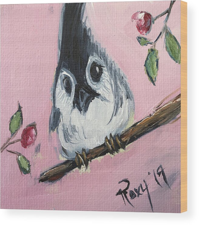 Titmouse Wood Print featuring the painting Baby Tufted Tit Mouse by Roxy Rich