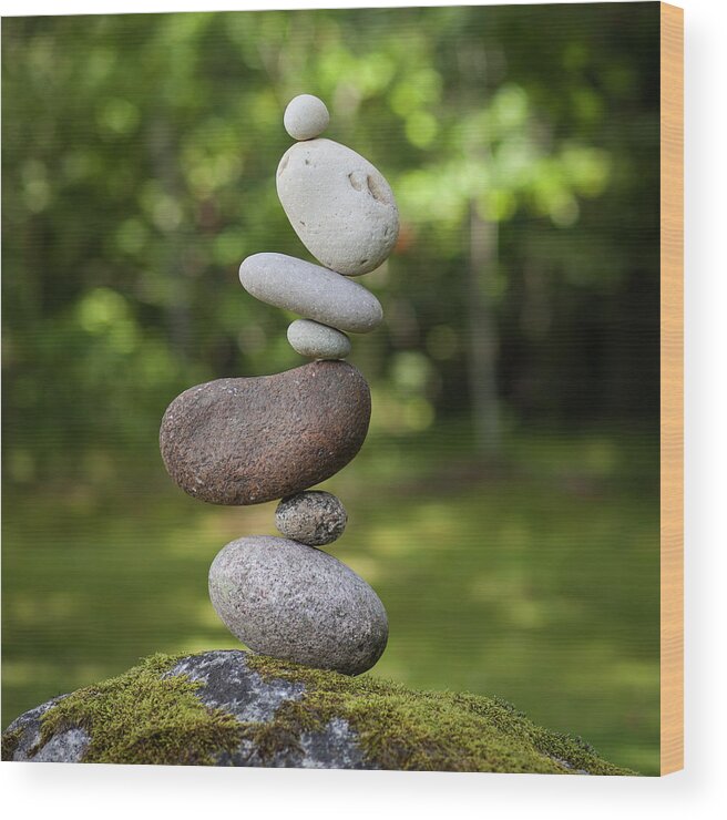 Meditation Zen Yoga Mindfulness Stones Nature Land Art Balancing Sweden Wood Print featuring the sculpture Balancing art #41 by Pontus Jansson