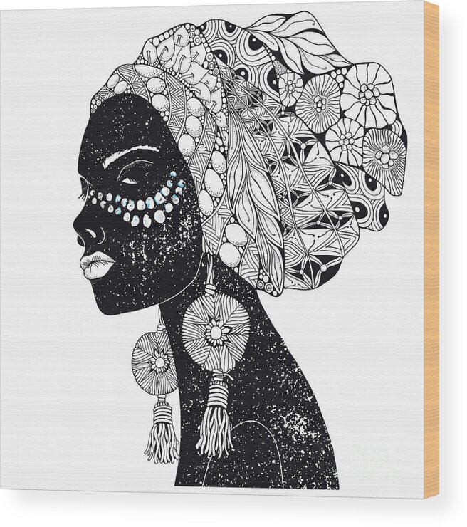 Art Wood Print featuring the digital art Beautiful African Woman. Hand-drawn by Elfiny