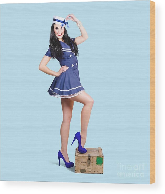 Sailor Wood Print featuring the photograph Beautiful vintage navy woman. Retro Pinups by Jorgo Photography