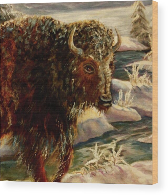 Bison In The Depths Of Winter In Yellowstone National Park Wood Print featuring the painting Bison In The Depths Of Winter in Yellowstone National Park by Philip And Robbie Bracco