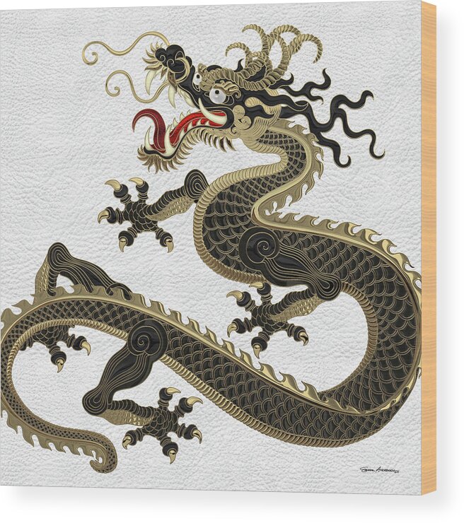 ‘the Great Dragon Spirits’ Collection By Serge Averbukh Wood Print featuring the digital art Black and Gold Sacred Eastern Dragon over White Leather by Serge Averbukh
