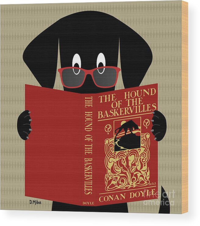 Mid Century Modern Wood Print featuring the digital art Black Dog Reading by Donna Mibus