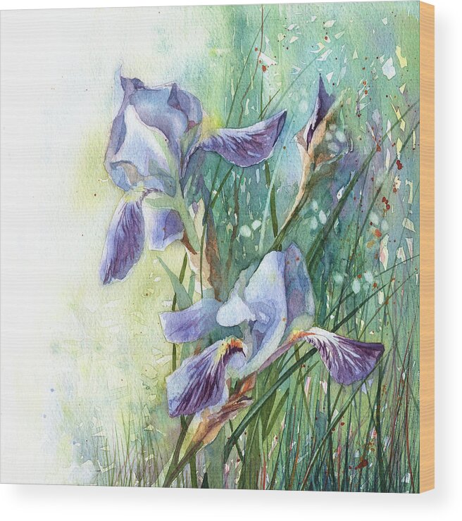 Russian Artists New Wave Wood Print featuring the painting Blue Irises Fairytale by Ina Petrashkevich