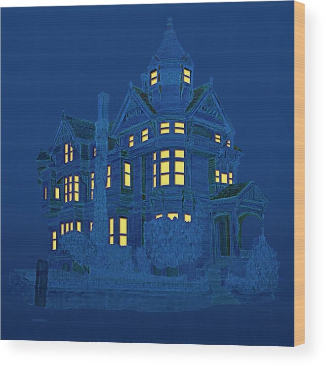 Victorian Mansion Wood Print featuring the painting Blue Victorian Mansion by David Arrigoni