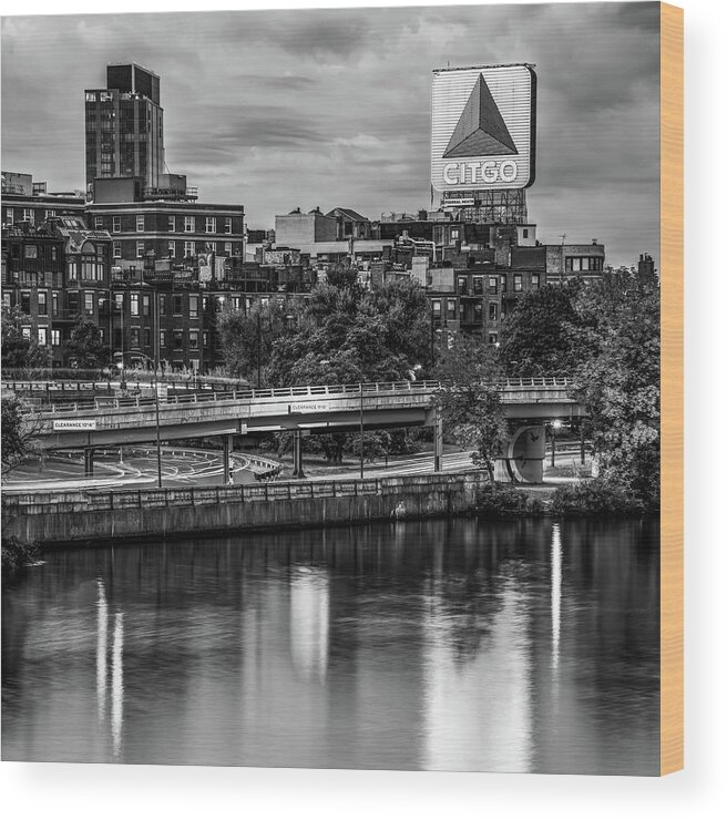 America Wood Print featuring the photograph Boston Citgo Sign Along the Charles River - Black and White by Gregory Ballos