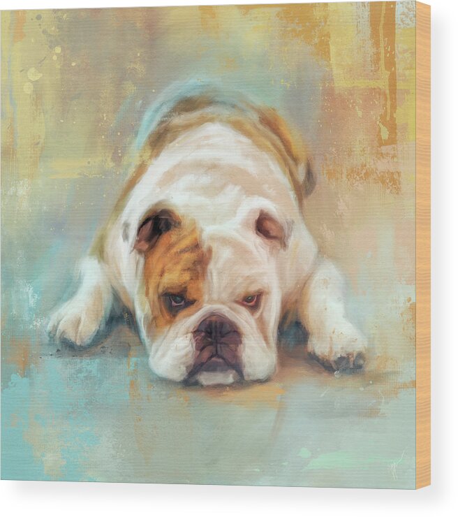 Colorful Wood Print featuring the painting Bulldog With The Blues by Jai Johnson