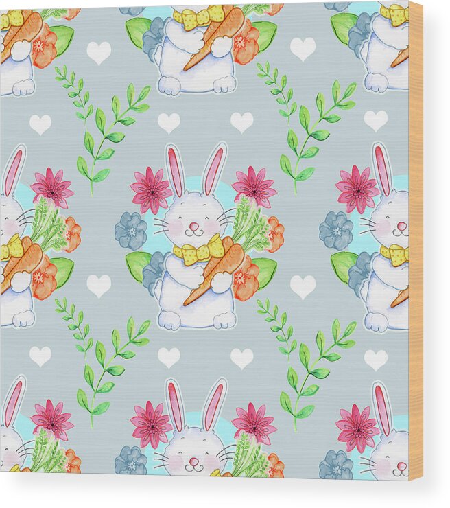 Bunnies Carrots Pattern Wood Print featuring the mixed media Bunnies Carrots Pattern by Valarie Wade