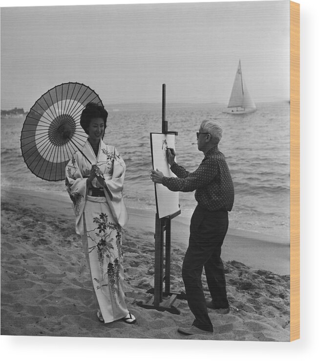 1950-1959 Wood Print featuring the photograph Cannes. Tsuguharu Foujita Painting by Keystone-france