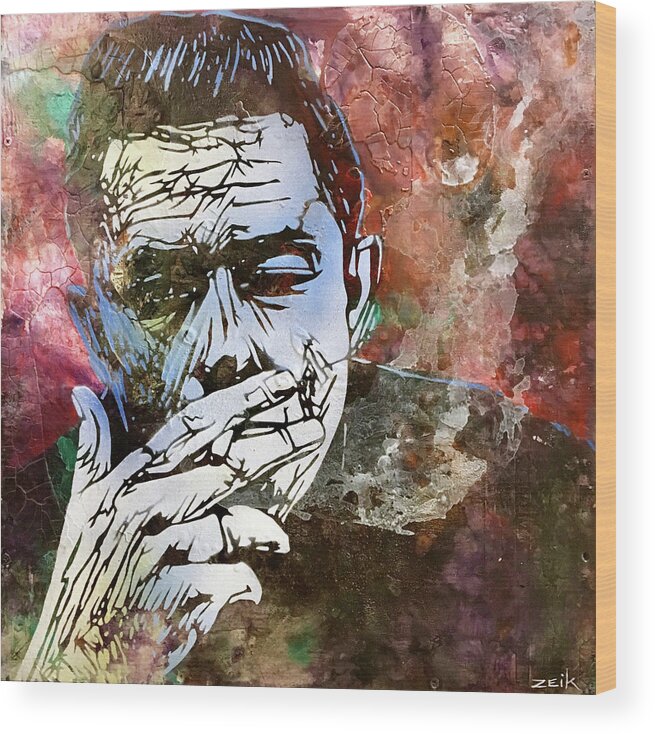 Johnny Cash Wood Print featuring the painting Cash Noir alternate version by Bobby Zeik