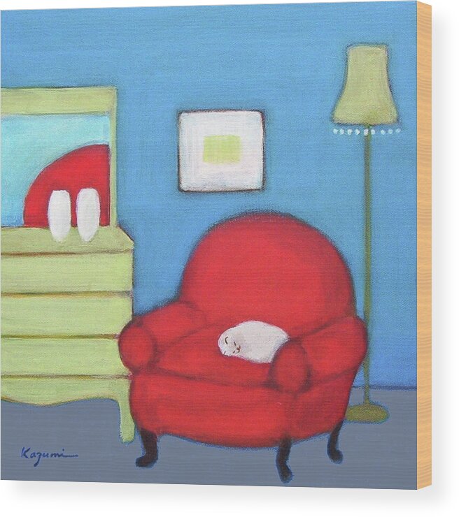 Cat In Red Chair Wood Print featuring the painting Cat in Red Chair by Kazumi Whitemoon
