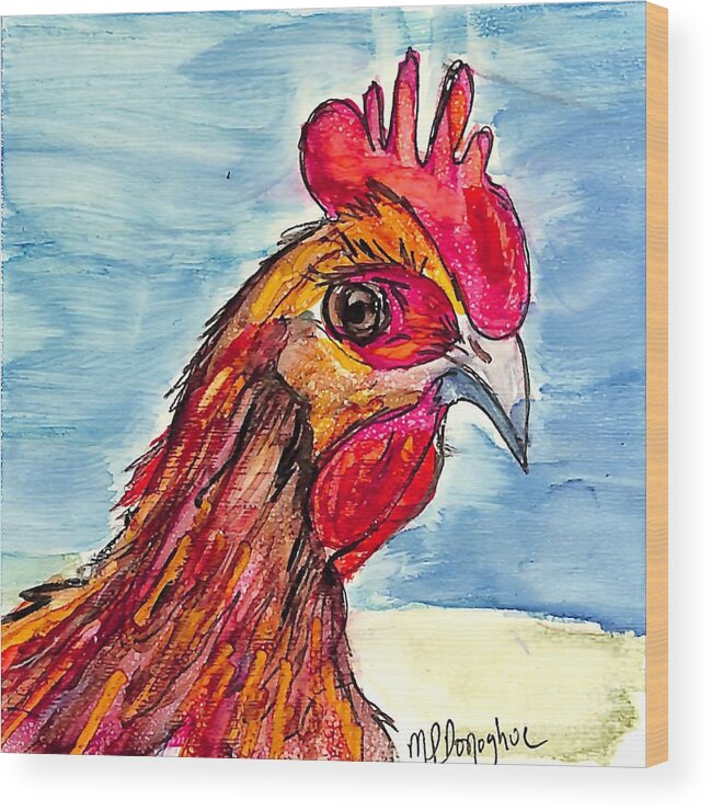 Colorful Chickens Wood Print featuring the painting Chicken Head 3 by Patty Donoghue