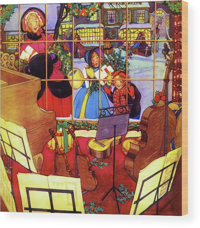 Etude Wood Print featuring the painting Children look in a music store window at Christmas by Ruth Collings Speers