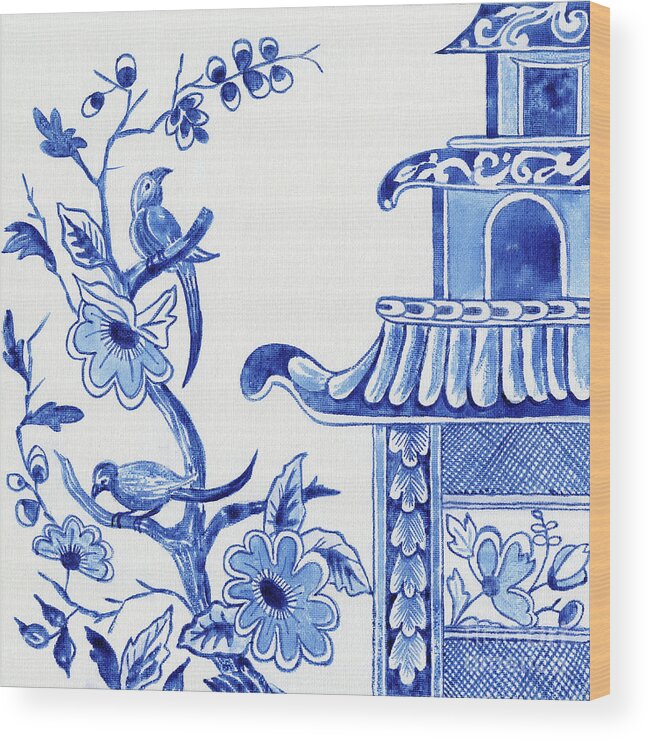 Chinoiserie Wood Print featuring the painting Chinoiserie Blue and White Birds in Flowering Tree and Pagoda by Audrey Jeanne Roberts