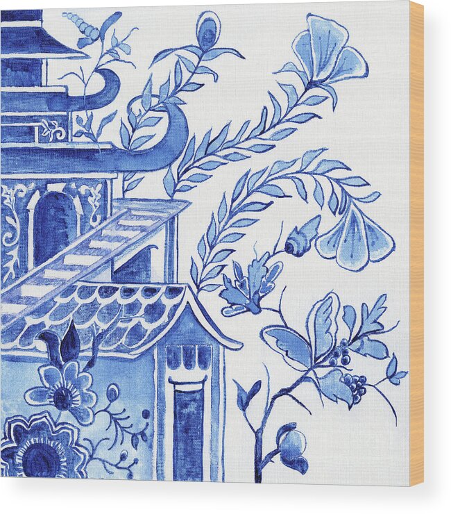 Chinoiserie Wood Print featuring the painting Chinoiserie Blue and White Pagoda Floral 1 by Audrey Jeanne Roberts